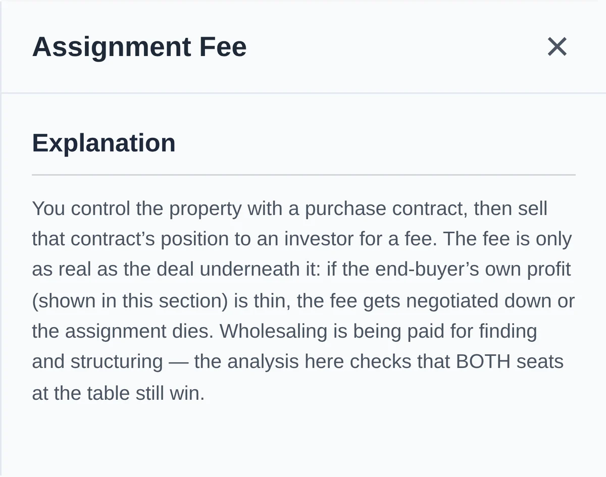 The definition panel for assignment fee