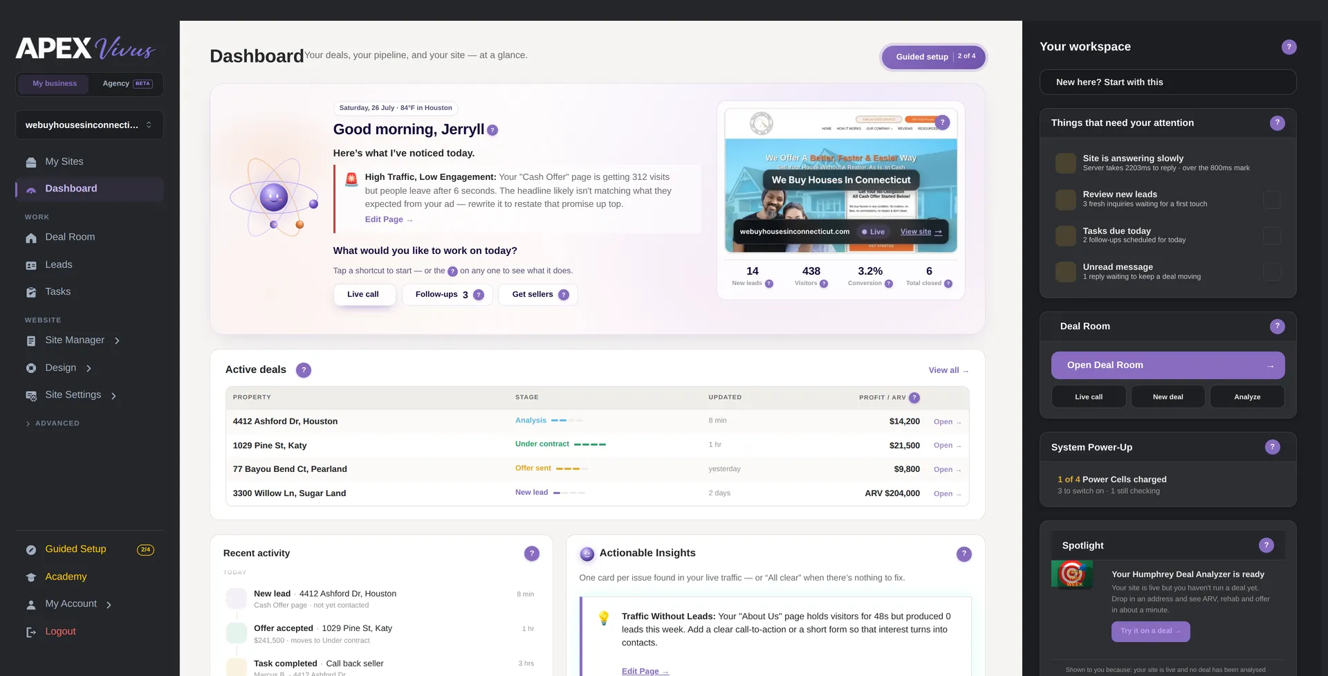 Apex Vivus: the dashboard — sites, leads, active deals and pipeline in one view