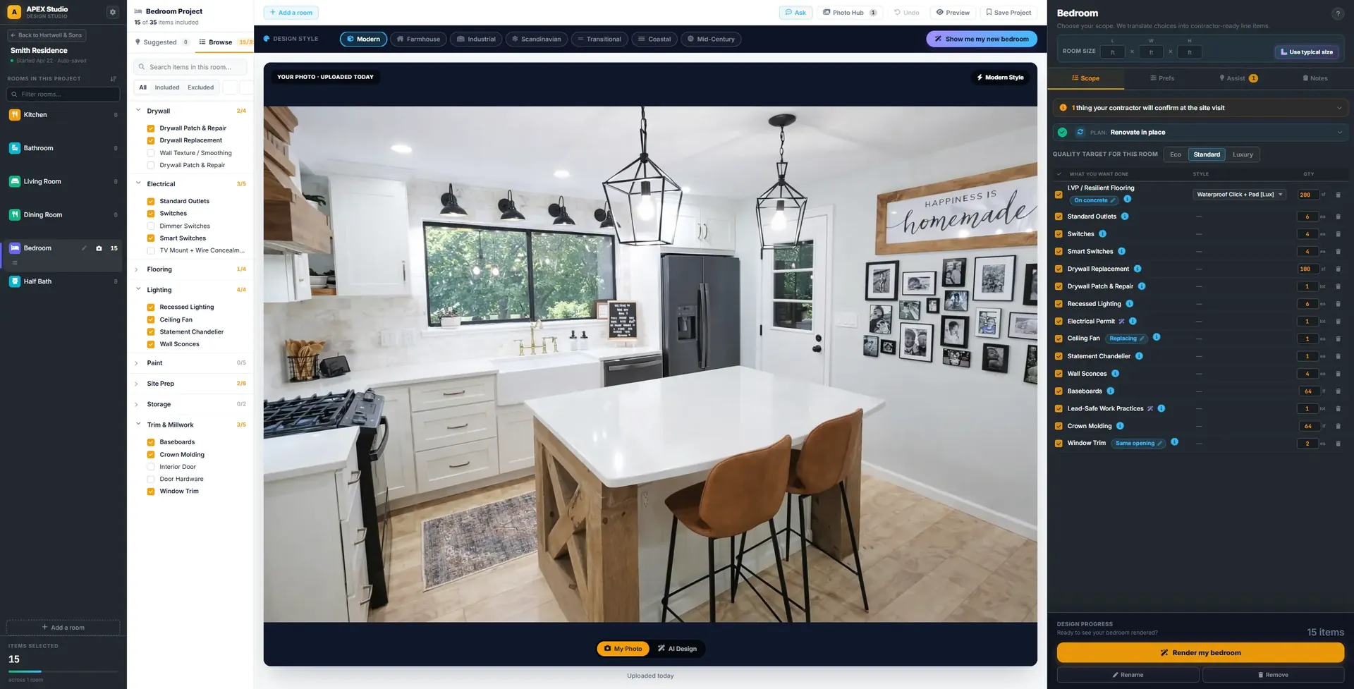 Apex Vivus: Design Studio — a room scoped line by line into contractor-ready work