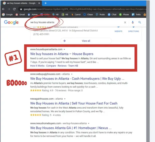 Google results for “we buy houses atlanta”, his site boxed in red and marked #1, with We Buy Ugly Houses beneath it marked BOOooo