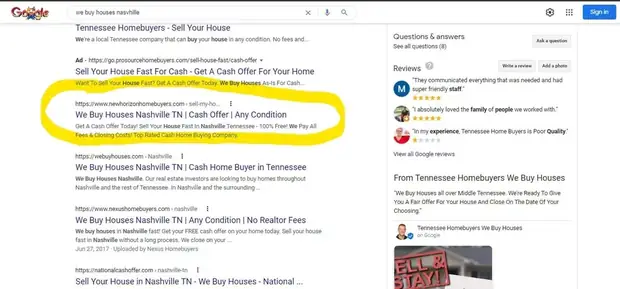 Google results for “we buy houses nashville”. Below a paid ad, his own page — newhorizonhomebuyers.com, We Buy Houses Nashville TN — ringed in yellow highlighter, above webuyhouses.com and the other national buyers.