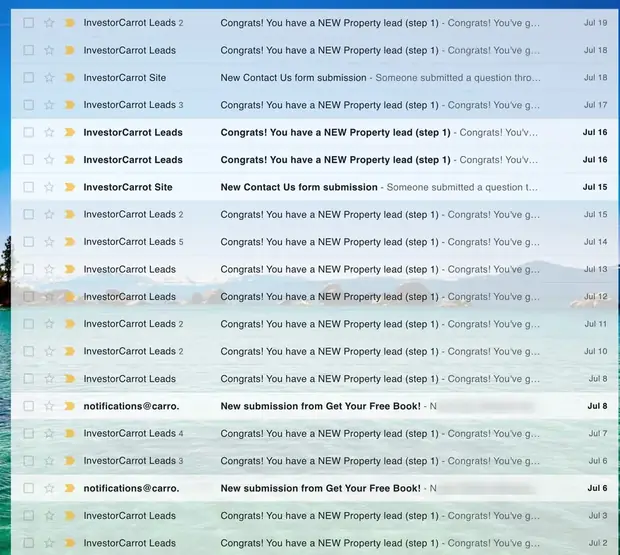 Her inbox through July: row after row of “Congrats! You have a NEW Property lead” from InvestorCarrot, several days carrying two, three or five at once, running from the 2nd to the 19th.