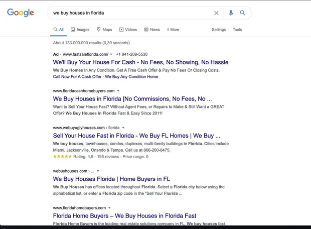 Google results for “we buy houses in florida”. Below a single paid ad, the first organic listing is his own company, floridacashhomebuyers.com, above We Buy Ugly Houses and webuyhouses.com.